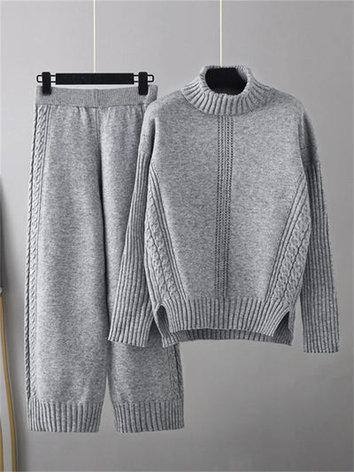POWQUE URBAN STYLE women's knitted turtleneck tracksuit set in grey with cable knit design