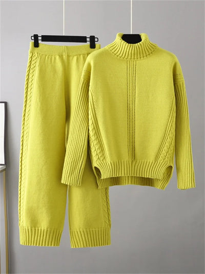 POWQUE URBAN STYLE women's knitted turtleneck tracksuit set in bright yellow with cable knit details